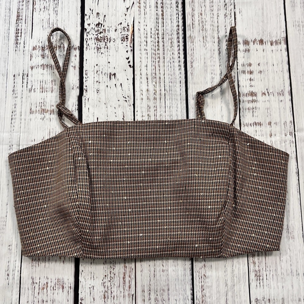House Of Harlow Women's Plaid Bralette Crop Top Size XS Brown Sparkle Sequin